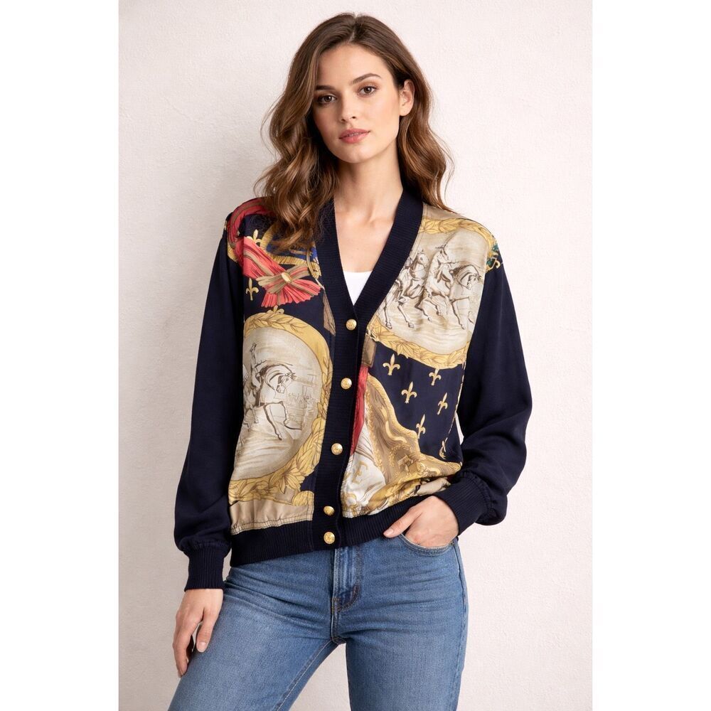 Holt Renfrew Italy Silk Blend Equestrian Print Cardigan M